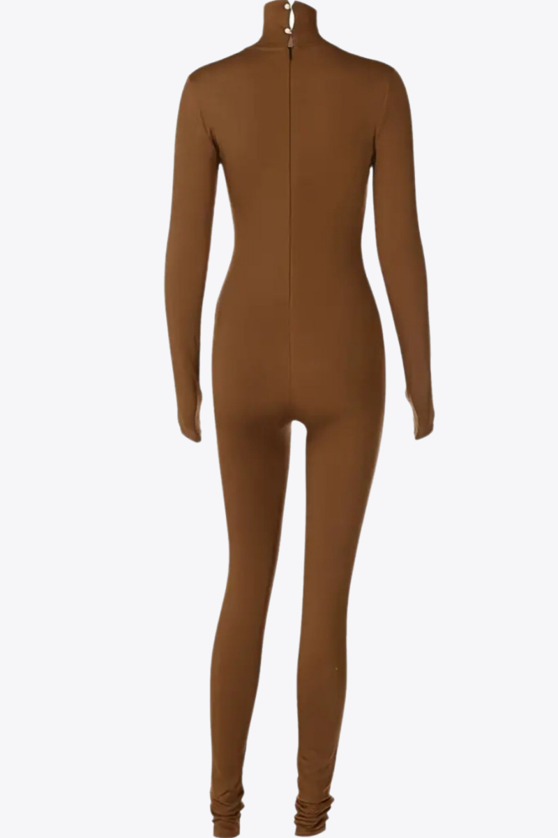 "Long-sleeved Brown Jumpsuit with Back Zipper"