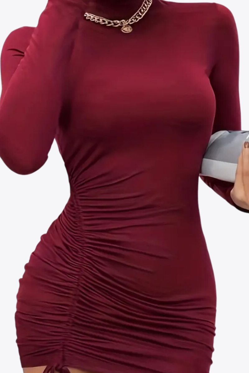 Wine Red Long-Sleeved Fitted Short Dress