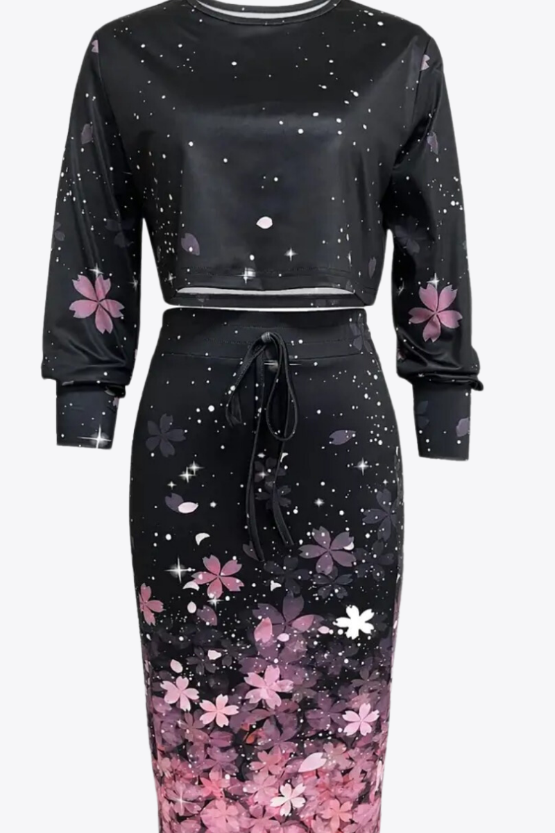 Enchanted Blossom Duo: Black Floral Blouse & Skirt Set"