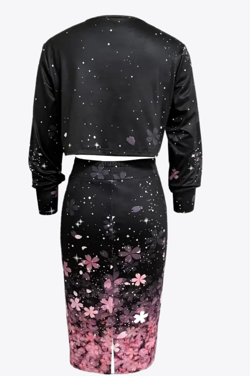 Enchanted Blossom Duo: Black Floral Blouse & Skirt Set"