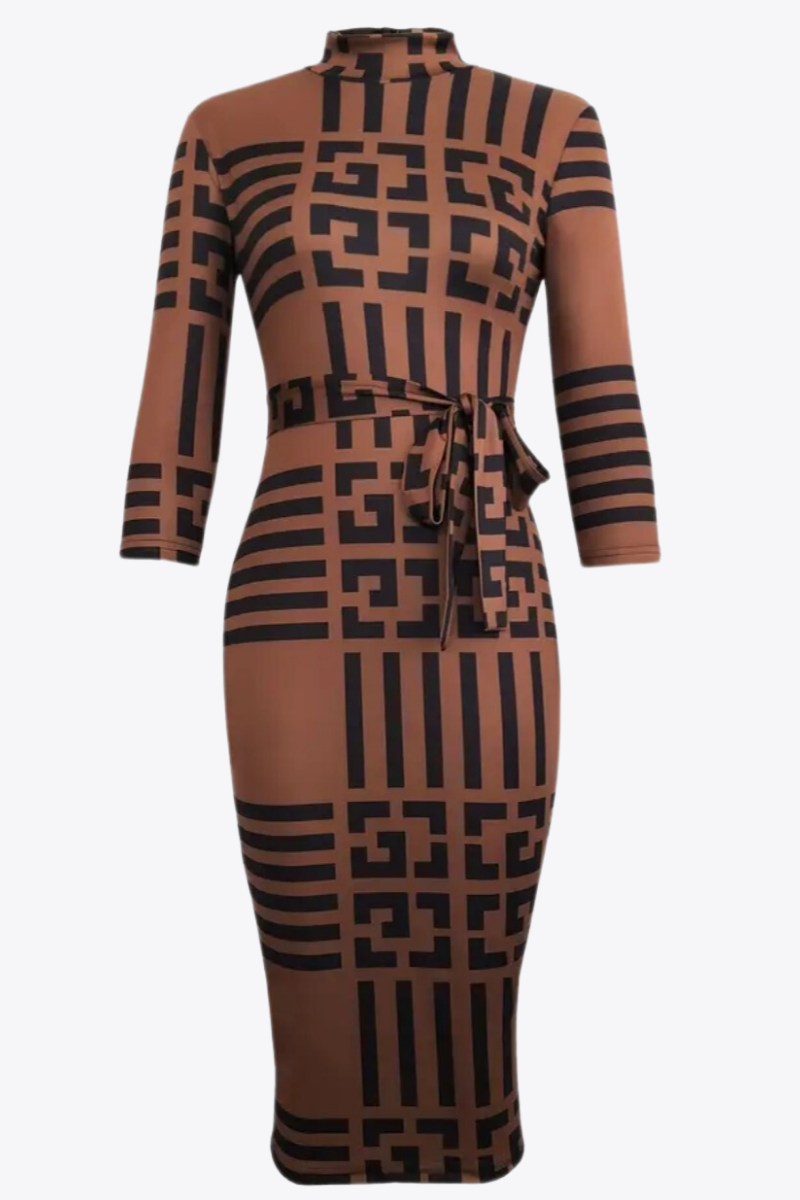 Brown Fitted Dress with Black Stripes and Waist Ribbon Detail