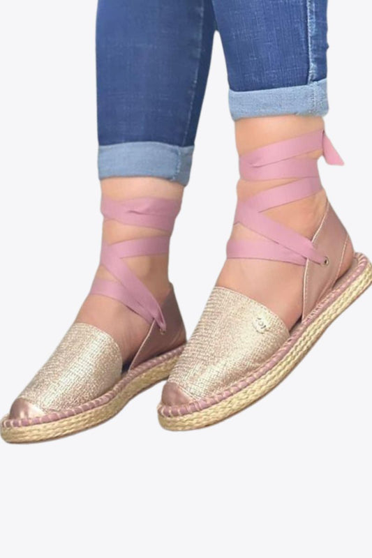 Golden Gleam Lace-Up Espadrilles with Rosy Accents