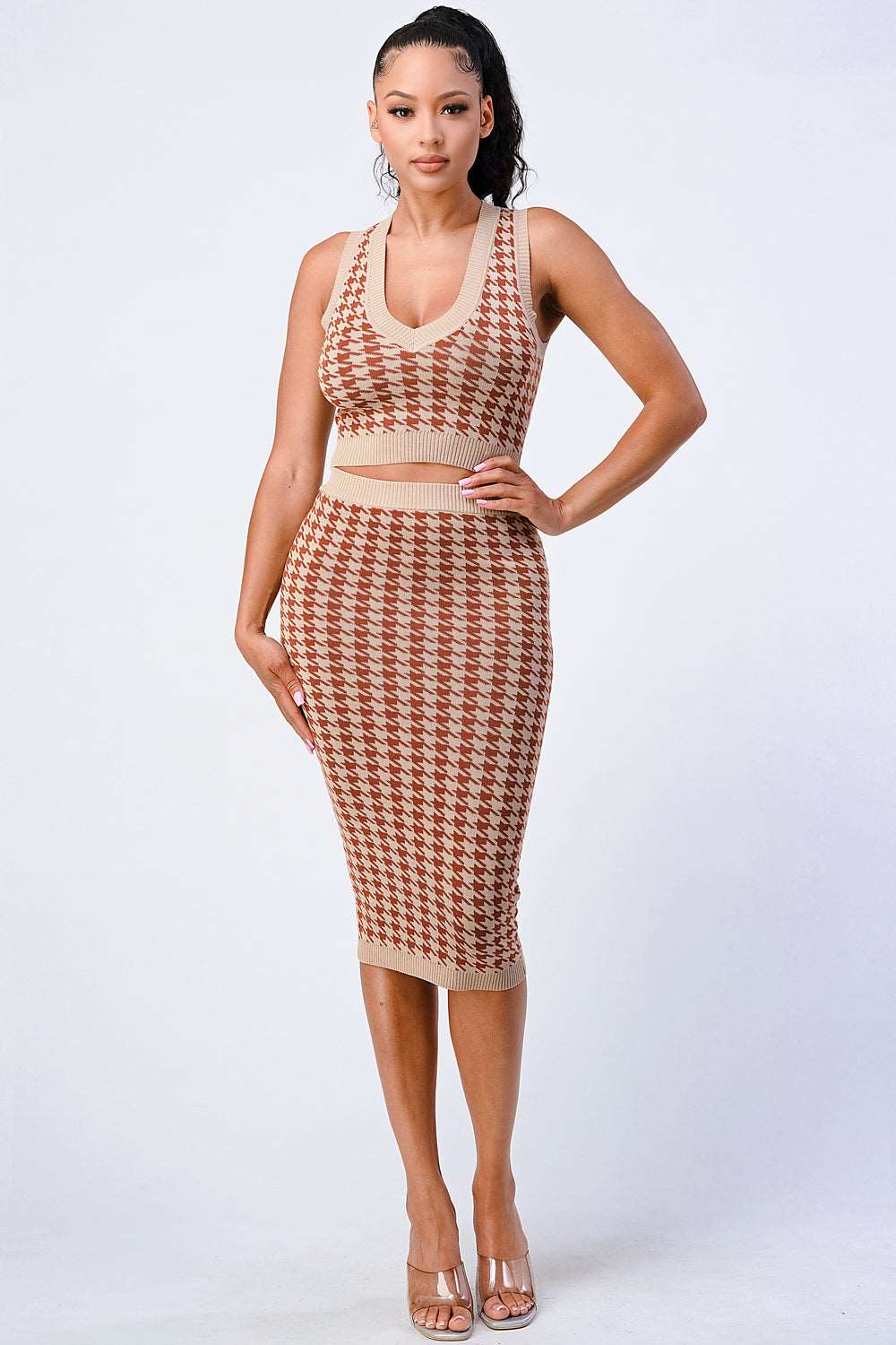 Luxe Gingham Rib Knit Top And Skirt Sets