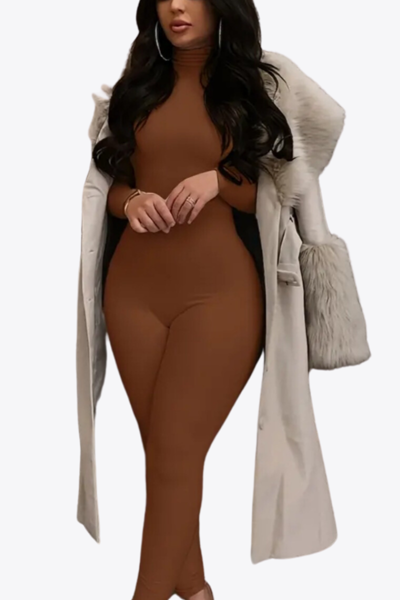 "Long-sleeved Brown Jumpsuit with Back Zipper"