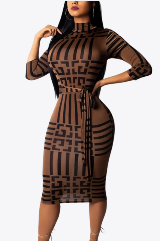 Brown Fitted Dress with Black Stripes and Waist Ribbon Detail