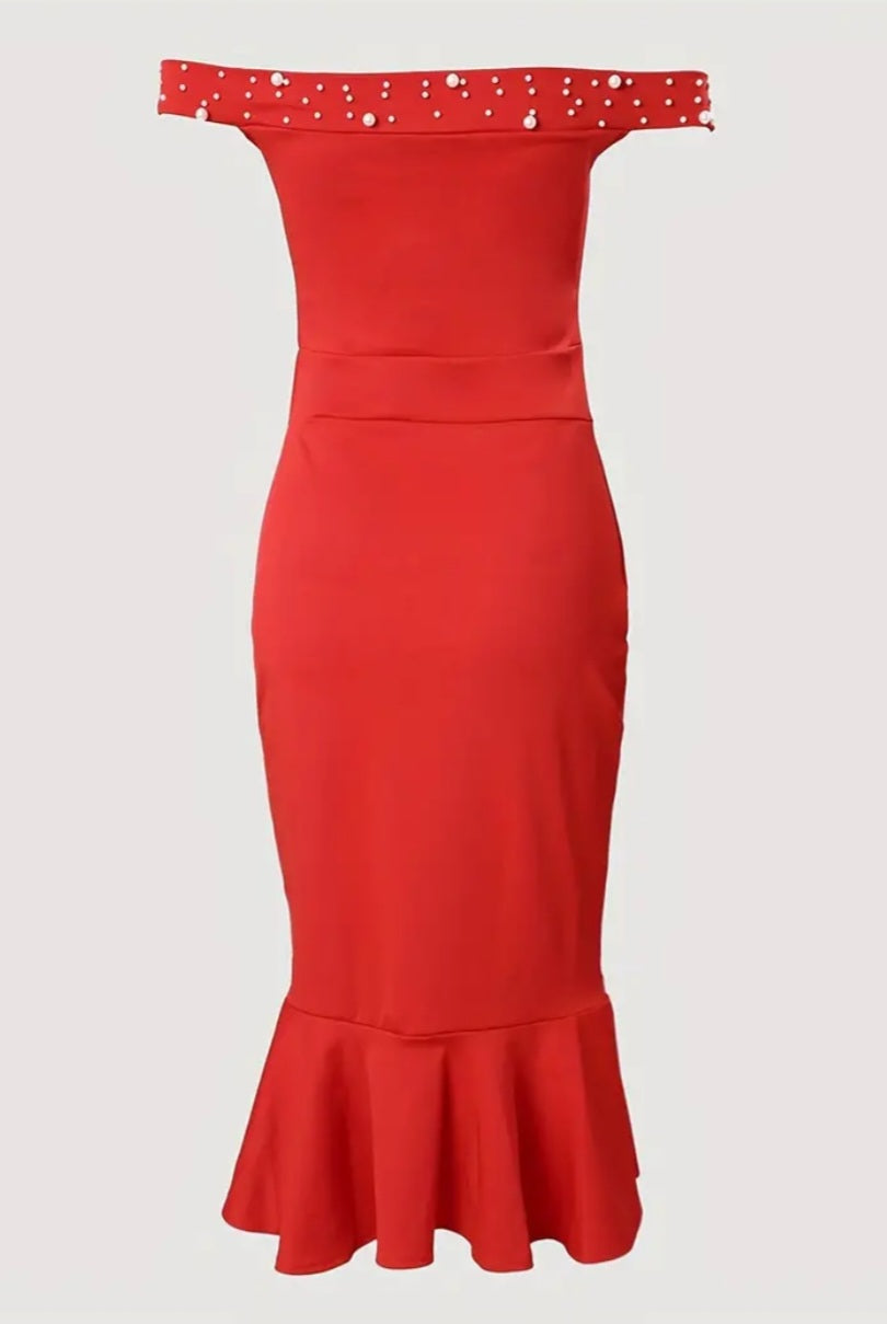 Elegant Red Off-Shoulder Dress with Pearl Embellishments