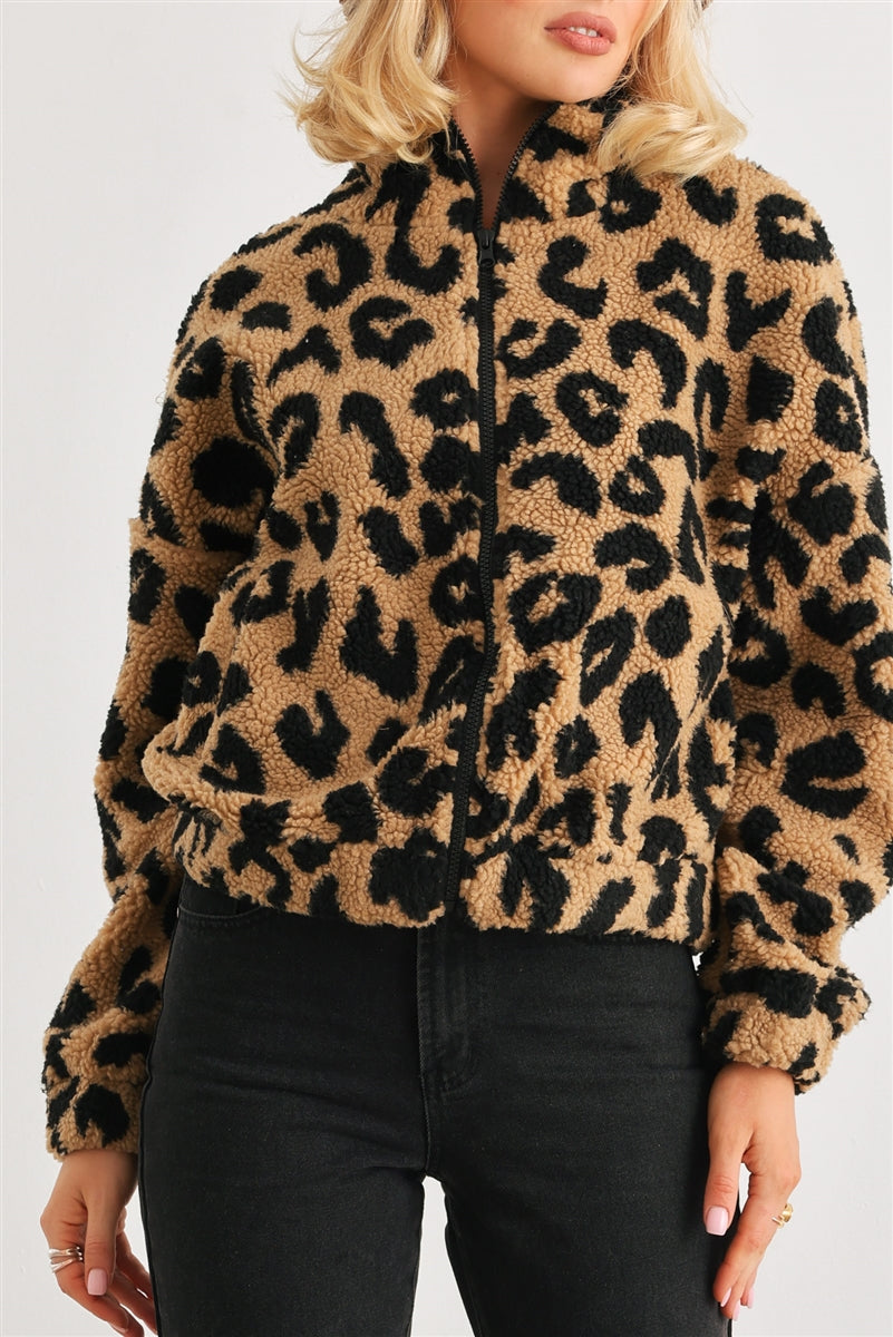 Leopard Teddy Zip-up Two Pocket Jacket