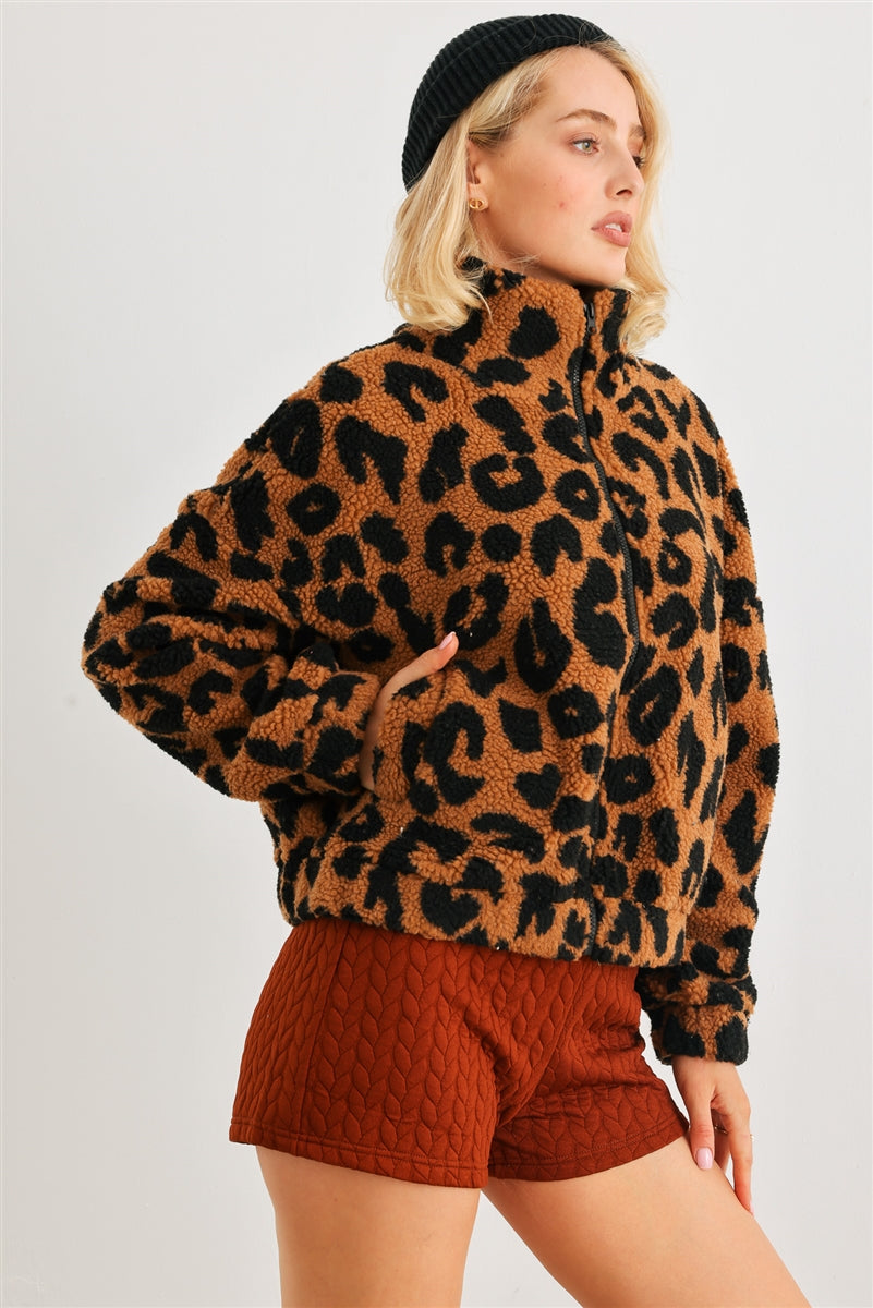 Leopard Teddy Zip-up Two Pocket Jacket