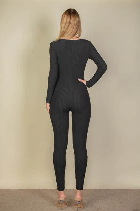 Ribbed Scoop Neck Long Sleeve Jumpsuit